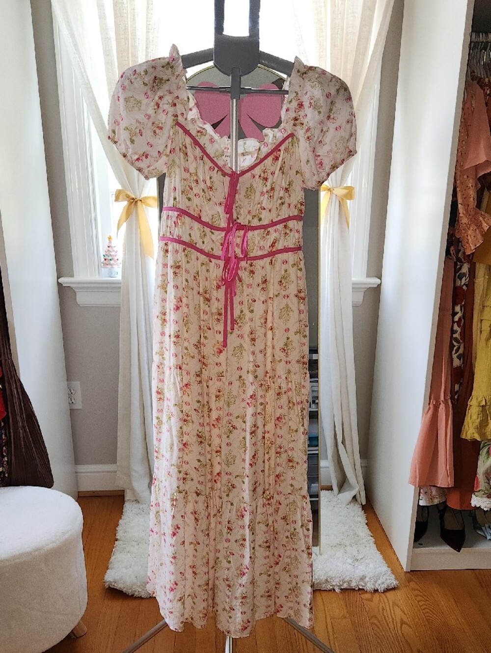White Floral Maxi Dress with Pink Trim - Picture 3 of 4